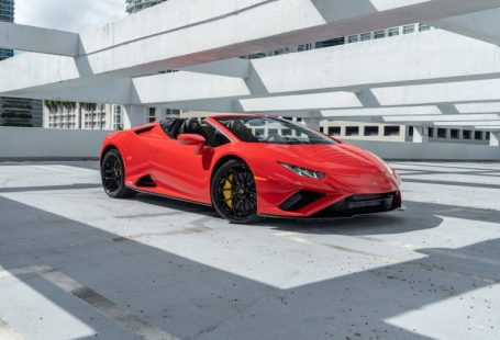 Exotic Car Rental - a red sports car parked in a parking lot