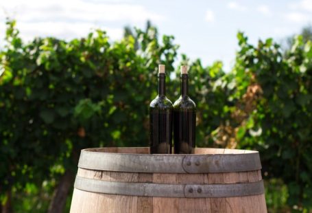 Wine Tour - two black glass bottles on the top of the brown wooden barrel