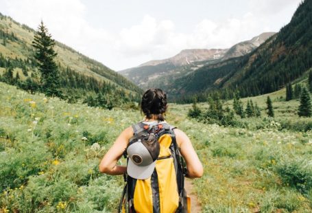 Travel Backpack - person carrying yellow and black backpack walking between green plants