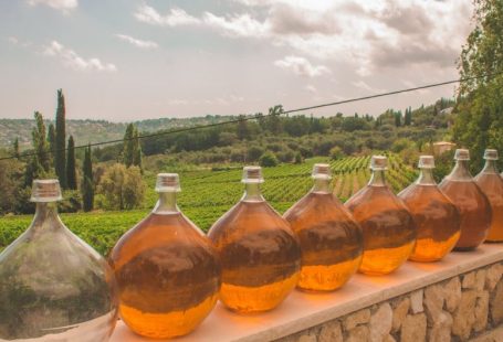 France Vineyards - 3 bottles of brown liquid on brown concrete wall