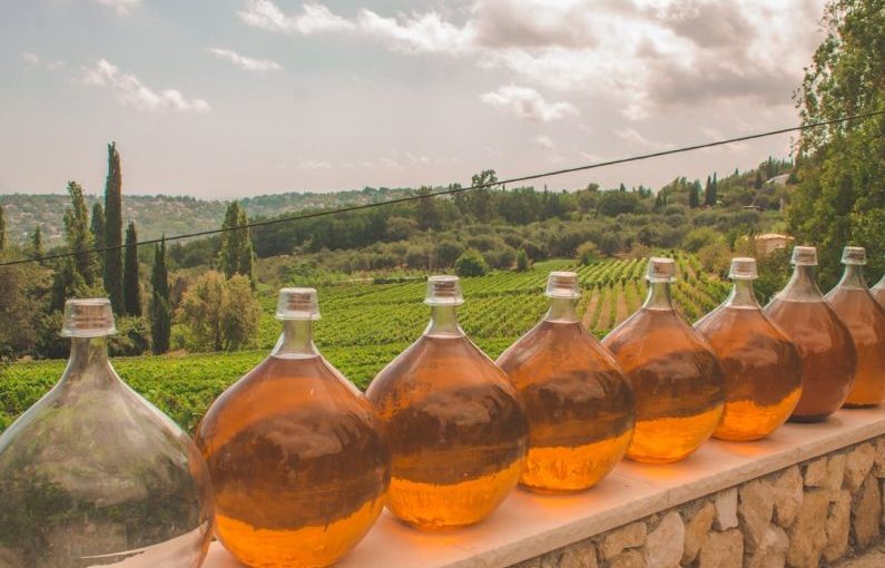 France Vineyards - 3 bottles of brown liquid on brown concrete wall