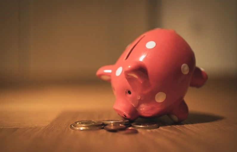 Piggy Bank - pink pig coin bank on brown wooden table