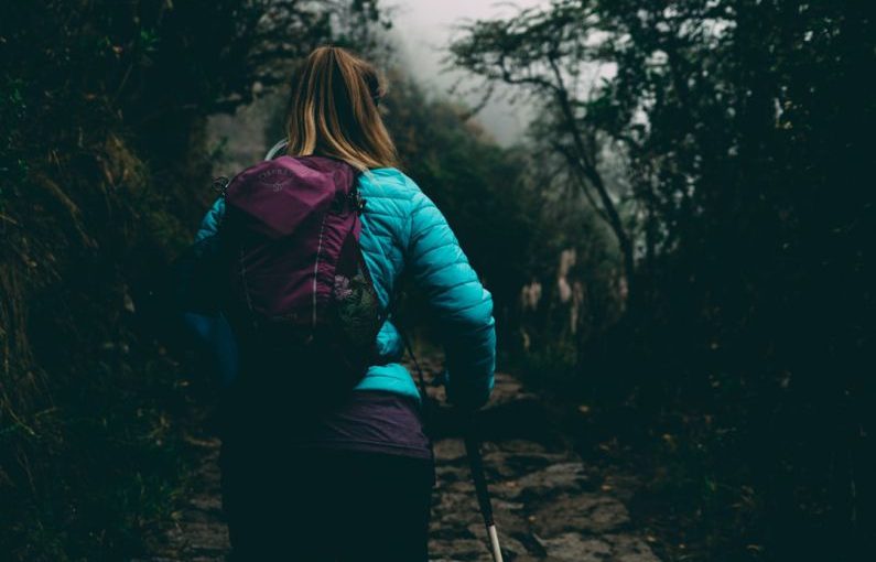 Inca Trail - woman wearing bubble jacket walking on pathway between forest